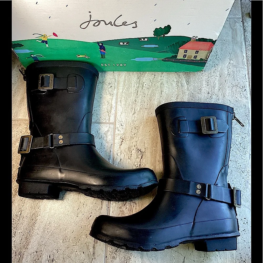 Joules Black Rain Boots with Red Zipper & buckles